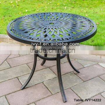 outdoor furniture patio cast aluminum round dining table bended slatted tabletop with umbrella hole assembly #IVY14222