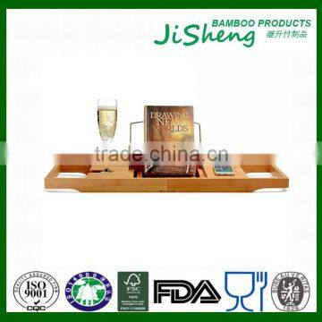 100% Bamboo Bathtub Caddy With Extendable Sides, Cellphone Tray & Integrated Wine Glass Holder photo-2