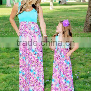 New model mother and daughter matching dresses bule and pink flower dress