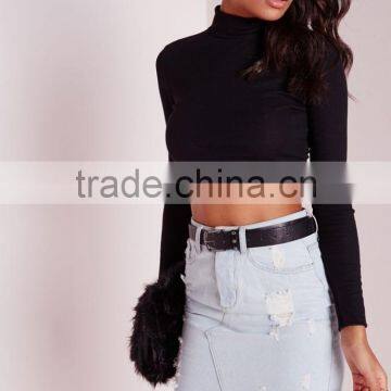 2016 Custom Ladies High Neck Long Sleeve Black Ribbed Crop Top photo-2