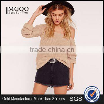 MGOO New Branding Women Oversized Loose Plain Sexy Off Shoulder Longline Knitted Jumper Camel Knitwear Private Label