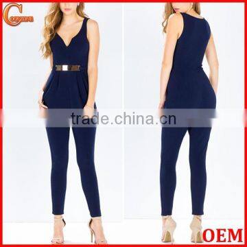 Plunging v neck sleeveless metal detail jumpsuit for women 2015