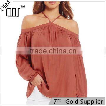 2017 Summer New Look Pullover Construction Sleeve Opening Cold Shoulder Blouse photo-3