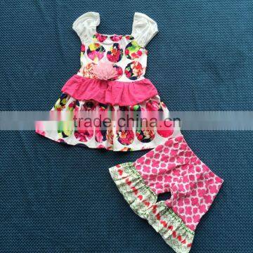 LY-037 floral sleeveless brace dress ruffle shorts set summer new style cotton ruffle outfits 2016