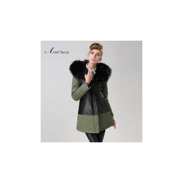Black new fashion leather fur coat women winter parka