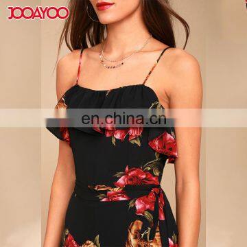 Women Casual One Piece Shoulder-straps Wrap Dress Black Long Floral Print Dress