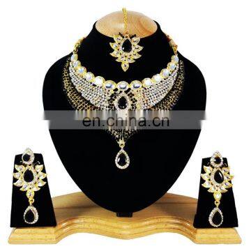 Designer Party Wear kundan Black Stone Color Gold Plated Zerconic Necklace Earrings Tikka