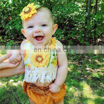 2pcs Set Summer Yellow Girls Clothing Set Toddler Infant Baby Sunflower Backless Tops+Shorts Dot Briefs Outfits Set photo-5