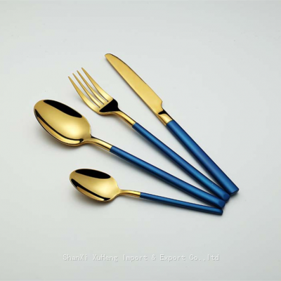 Made In China Blue Colored Handle Silverware  Gold Plated Stainless Steel Flatware Cutlery Set For Wedding