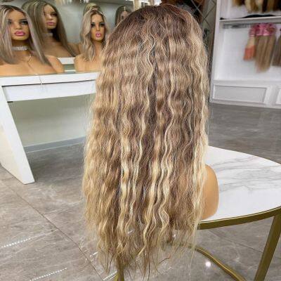 Ash Blonde Highlights Loose Deep Wave Virgin Roots 180% Ombre Human Hair Full Lace Wig for Women 13X6 HD Lace Frontal Wigs photo-3