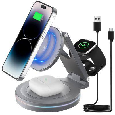 Metal magnetic foldable three-in-one wireless charging stand suitable for Apple 12 13 14 15 16 Apple Watch earphones