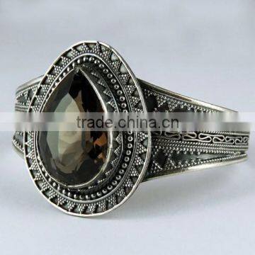 Attractive Smokey Cut Stone With Beautiful Silver Bangle, 925 Handmade Silver Jewelry Wholesaler, Gemstone Silver Jewelry