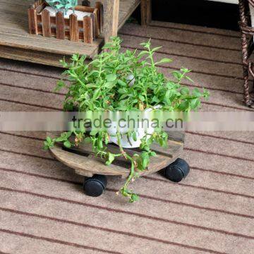Round pine wood flower pot tray with wheel
