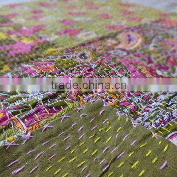 Handmade floral Kantha Quilt, Reversible Hand Kantha Work Bedspread, Designer Quilt Handstiched By Women of Rural India