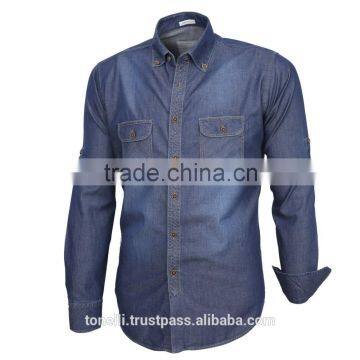 Elegant denim double pocket button down long sleeve regular fit men!s shirts