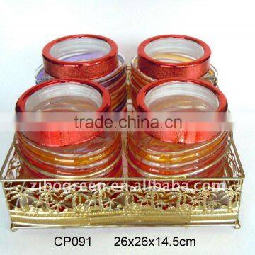 4pcs oval glass jar with hand-painted design with golden rack(CP091)