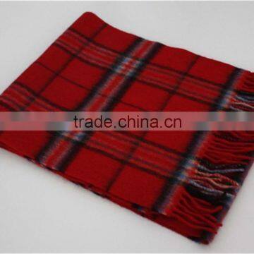 Red Yarn Dyed Checked Pure Wool Scarf With Fringe photo-2