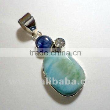 Larimar & Kyanite Cabochon 925 Solid Sterling Silver Pendant, Designer Sterling Silver Gemstone Pendant, Gemstone Pendant