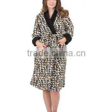 Women's Solid Collar Animal Print Plush Robe--Black