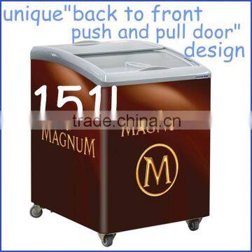 151L small curved glass showcse freezer ice cream freezer with unique back to front push and pull door design