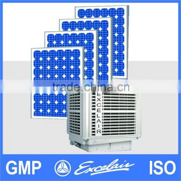 Evaporative air cooler with solar panels for factory air cooling