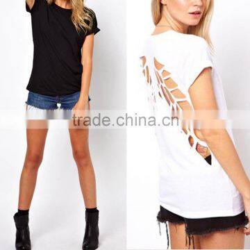 Popular Women CrewNeck T-Shirt Summer Angel Wings Hollow Back Short Sleeve Tops