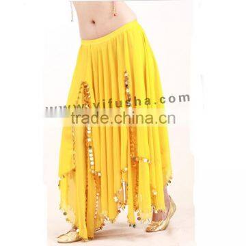 Wholesale exotic dance performance skirt,ladies elegant yellow chiffon belly dance skirt