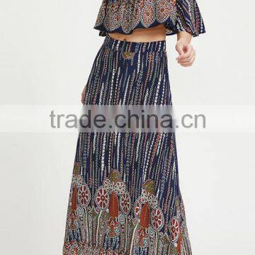 Multicolor Vintage Print off Shoulder Two Piece Set Boho Ruffle Top and Long Skirt photo-4