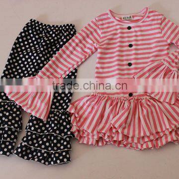 Girls Boutique Remake Clothing Kids Stripe And Polka Dot Design T-shirt Ruffle Shorts Outfit Baby Set