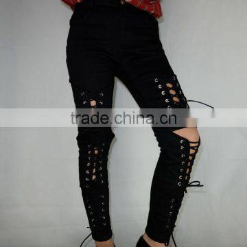 M1192 Runwaylover Hollow Cross Bandage Tight Pants Autumn Demin Pants photo-4