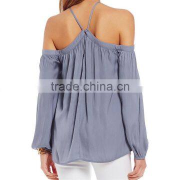 2017 Summer New Look Pullover Construction Sleeve Opening Cold Shoulder Blouse photo-5