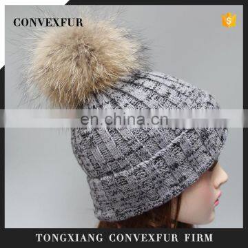 Winter lady knit beanie hat with real raccoon fur ball