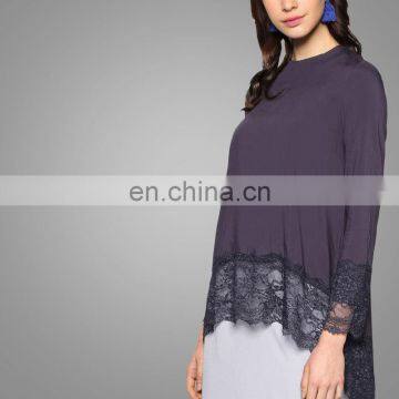 2017 New Fashion Silk Satin Material Women Long Sleeve Blouse Islamic O Neck Tunic With Black Lace Casual Muslim Top photo-4