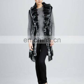 beautiful rex rabbit fur long knitted vest /dyed black&whitebeautiful rex rabbit fur long knitted vest /dyed black&white