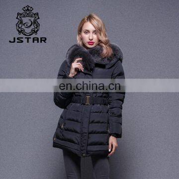 Cheap black waist fed down feather fur collar coat