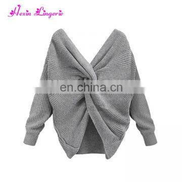 New Arrival sexy gray v neck ladies fancy off shoulder custom knitted cashmere sweater