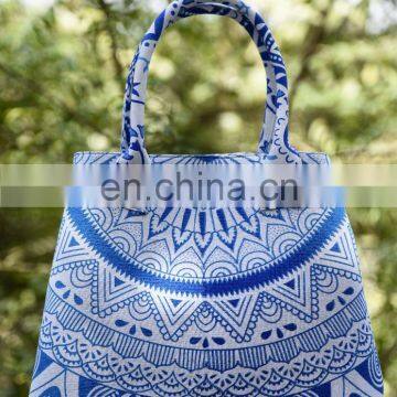 Indian Handmade Ombre Mandala Women Handbags Screen Print Shopping Shoulder Carry Bag Tote Purse Blue Color