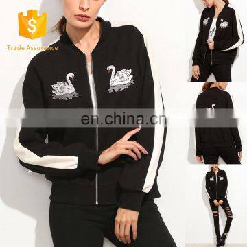 MIKA7139 White Striped Sleeve Swan Embroidered Bomber Jacket