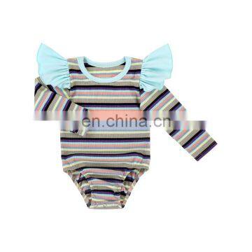 Hot Sale Baby Girls Romper Long Flare Sleeve Blue Ribbed Strip For Baby Daily Summer Wear