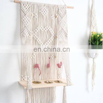 Hot Sold Macrame Wall Hanging Plant Hanger Woven Wooden Plant Pot Holder Indoor Outdoor Macrame Shelf