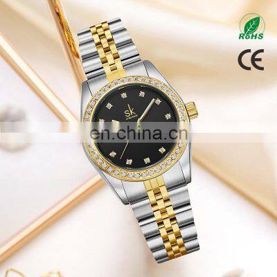 SHENGKE K0156L SK Golden Watch Dial Diamond Pointer Stainless Steel Folded Band Quartz Watches Luxury Saat