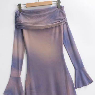 Early Spring New Design: European-American Contrasting Color Print Frill-Edge One-Sided Shoulder Flared Long-Sleeved Fish-Tail Dress photo-3