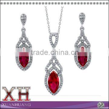 925 SILVER MARQUISE SIMULATED RUBY CZ DECO EARRINGS and NECKLACE SET