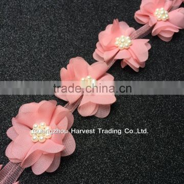 Lovely Pearl Chiffon Flower Lace,Flower Trimming On Tulle For Children Clothing