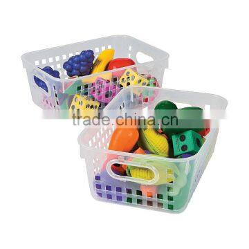 New Custom Weaving Style Medium Plastic Clear Tall Storage Baskets with Handles Rectangle Book and Magazine Stacking Baskets