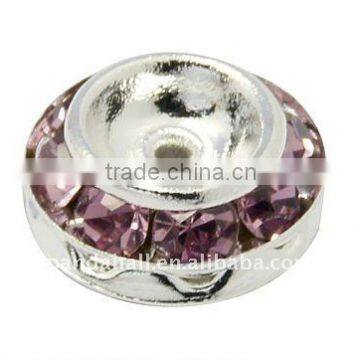 Rhinestone Beads, Copper, Grade "A", Flat Round, Silver Metal Color, Purple, about 9x5mm, hole: 1mm(RB-H039-9)