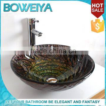 Foshan ,China Supplier Extractor Standard Size Thick Glass Round New Style Pattern of roses Carved Sink