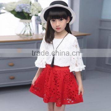 1985 Sweet Girl Lace Holow out White Shirt+Red Puffy Lace Dress 2 pcs Suit