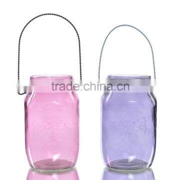 Colored Hanging Glass Candle Holder with Handle