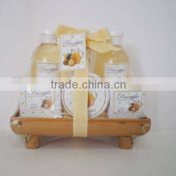 skin care set in bamboo basket with shower gel and body lotion..